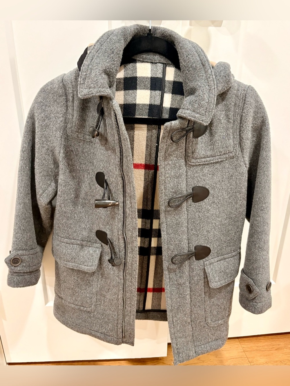 Boys Gray Burberry Wool Hooded Toggle Coat with Classic Plaid Lining! NWOT